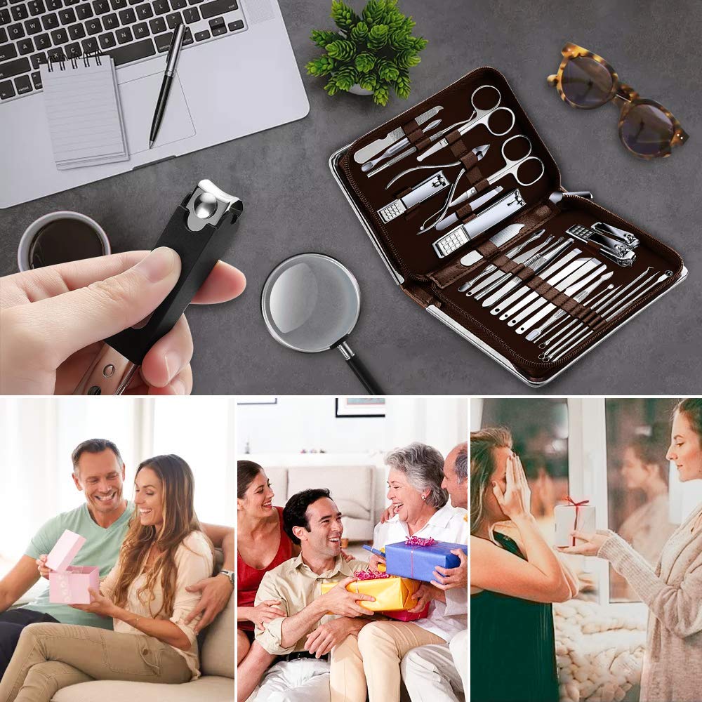 KITCCI Nail Clippers, Manicure Tools 26 in 1 Nail Set, Pedicure, Toenail Clippers, Fingernail Clippers with Leather Case, Nail Set Kit with Everything Professional (BROWN) : Beauty