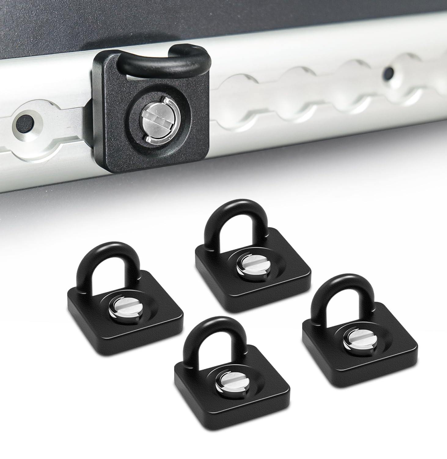 Photo 1 of Soruci L Track Hooks 4pcs All-Metal Heavy Duty Tool-Free Tighten Easy Use Compatible with Tesla Cybertruck Accessories Anti-Rust Protection Durable L Track Tie Down L-Track Accessories for Truck Bed