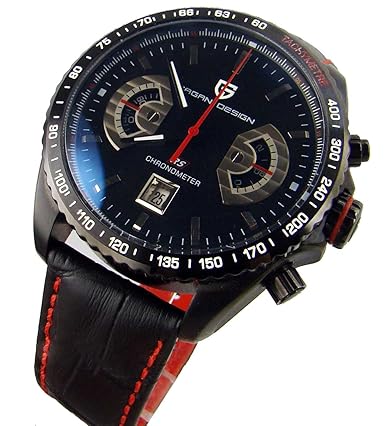 Luxury Black Dial Full Chronograph Date Quartz Tachymeter Mens Womens Sport Watches Black Red Leather