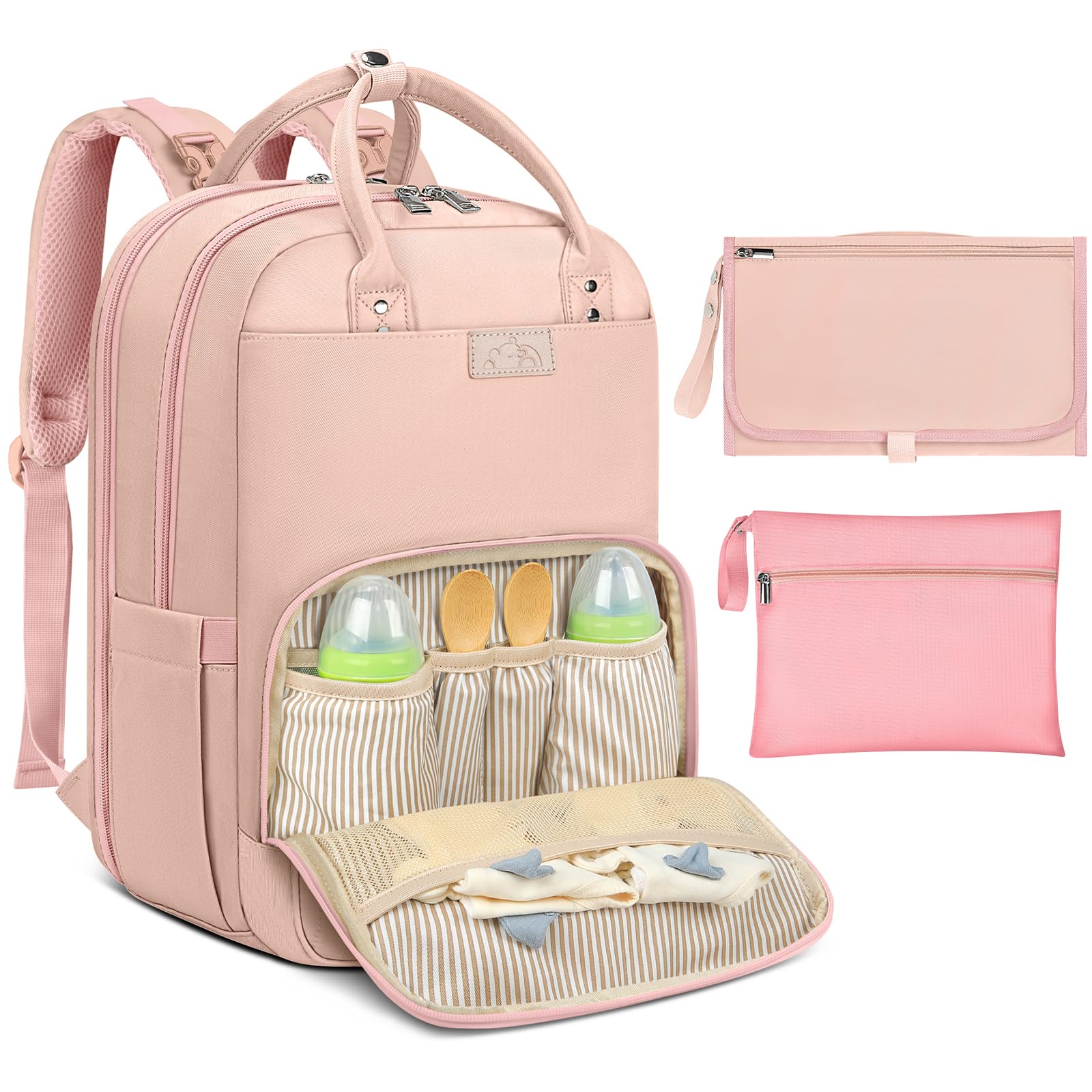 Baby Changing Bag Backpack with Portable Changing Mat Waterproof Nappy Bag Multifunction Baby Diaper Bags Large Rucksack Bag for Mom & Dad Pink