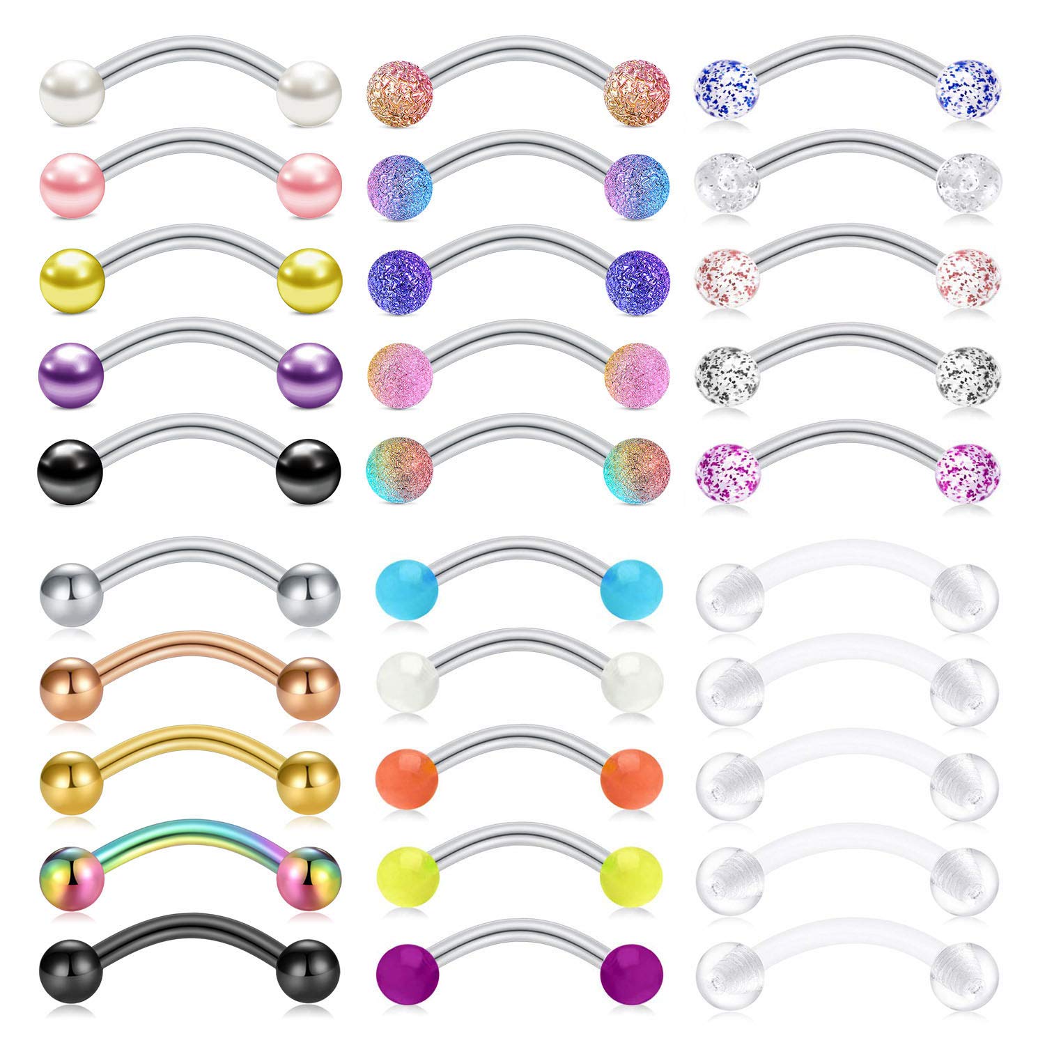 Rajnard 30PCS 16G Eyebrow Bar Surgical Steel Curved Barbell Rook Daith Conch Earrings Ashley Piercing Body Piercing Jewelry Set 10mm