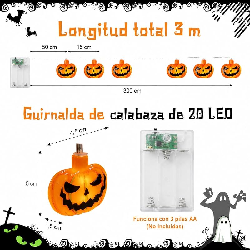 Guirlanda de luzes de Halloween, 3 m, 20 LEDs, abóbora, bateria exterior com temporizador de 6 horas, impermeável IP65, para decoração de Halloween, festas temáticas de zombies