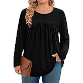 JOELLYUS Plus Size Tops for Women Fall Long Sleeve Shirts Casual Crew Neck Pleated Tunic Blouse Winter