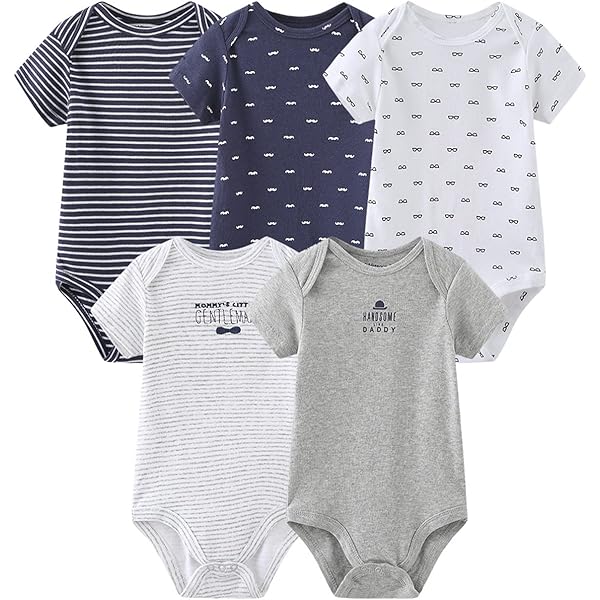 Kiddiezoom Lot De 5 Bodies Unisexe à Manches Courtes Pour Nouveau-né - Multicolore (rayures, Imprimés), 0 à 3 Mois, Body Pour Bébé_8