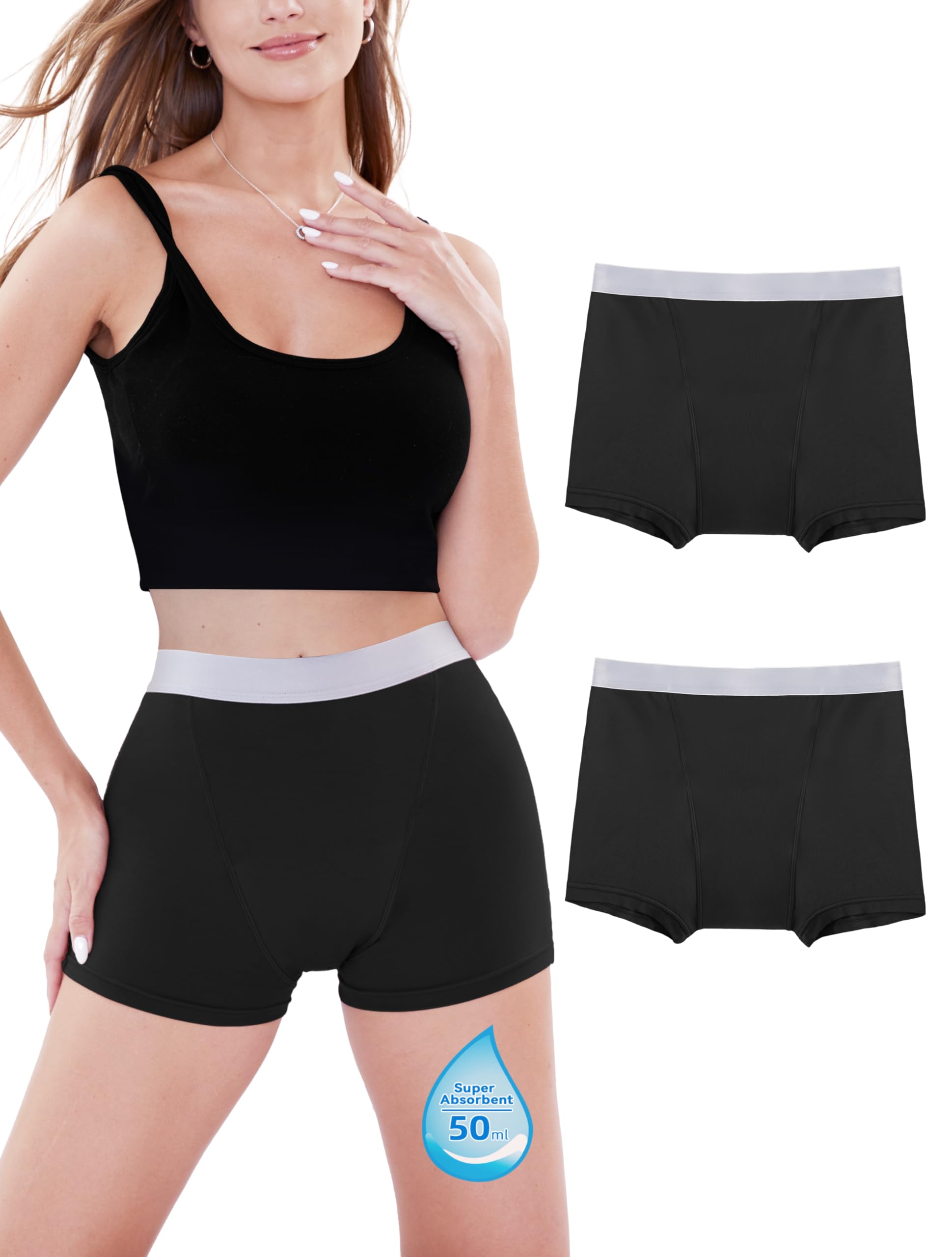 Photo 1 of TIICHOO Period Underwear for Women Boyshort Heavy Flow Period Panties Sleep Period Shorts Menstural Underwear Leakproof Pack of 2 (XXL, 2 Black)