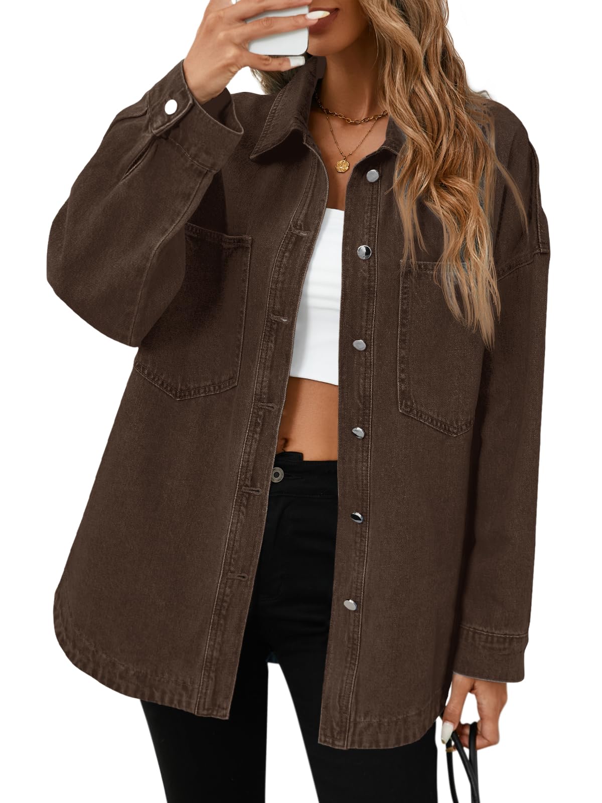 Photo 1 of Tankaneo Womens Oversized Denim Shirt Jacket Button Down Long Sleeve Fall Casual Jean Shackets Brown