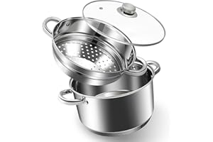 KroWallu 5.8L / 6QT Stock Pot with Steamer, Stainless Steel Pot Set Including Stock Pot, Steamer and Tempered Glass Lid, Stay