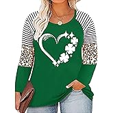 Women Plus Size St. Patrick's Day Shirt Lucky Shamrock Tees Green Heart Tshirt Irish Clover Tops