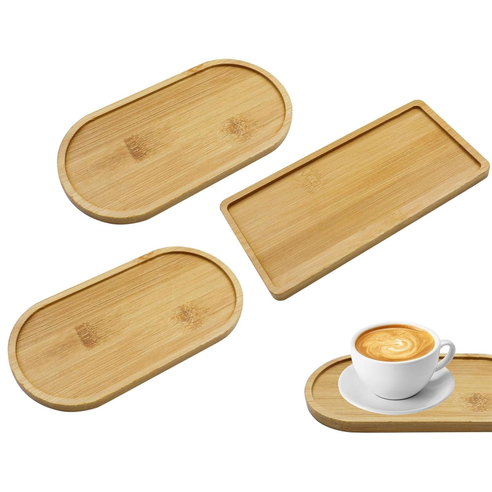 3Pcs Bamboo Tray - Rectangular & Oval Wooden Tea Serving Tray for Tea, Fruit, Snacks, Wine Glasses, Cakes (Two Shapes)