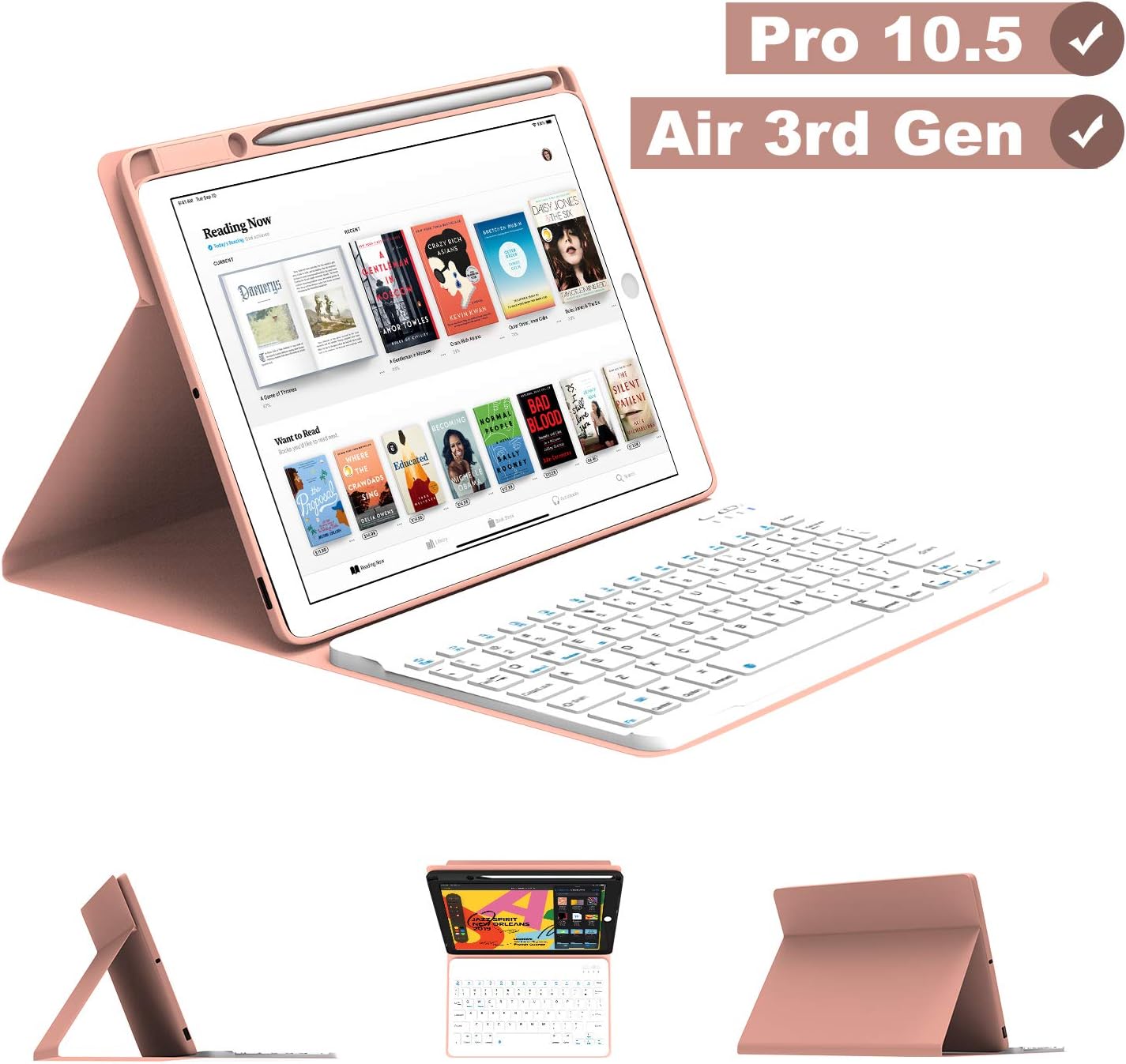 Maxfree iPad Pro 10.5 2017 Keyboard Case for iPad Air 3rd Gen 10.5 2019, Magnetically Detachable Wireless Auto Sleep Keyboard with Pencil Holder, Full Folio Cover for New iPad Air 10.5", Rose Golden