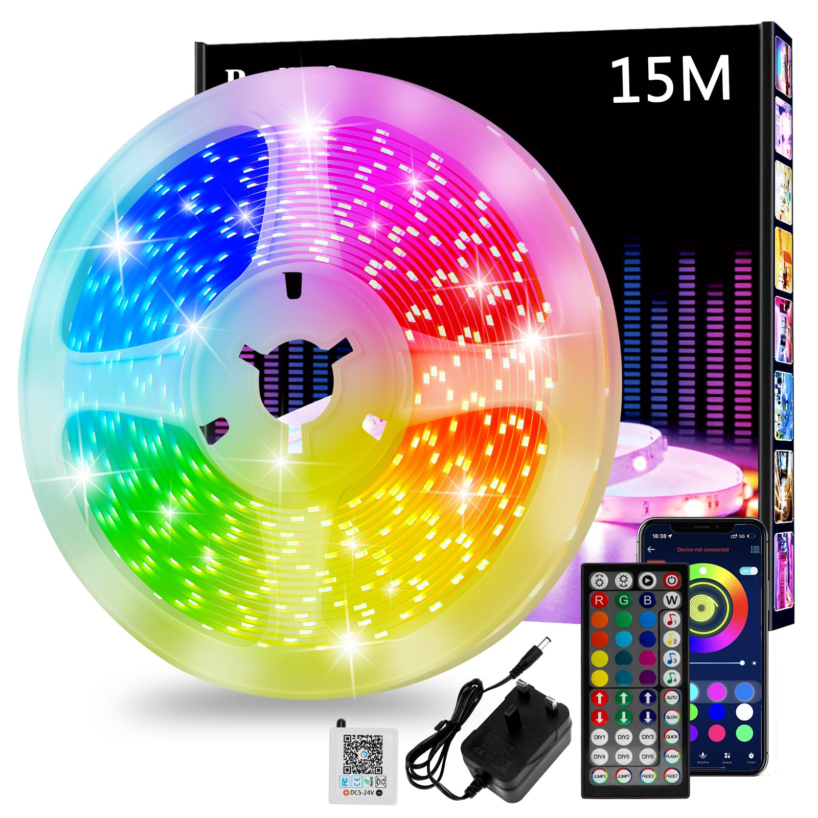 Led Strip Light 15m, Cuttable RGB Led Lights with Smart App Control Remote, Music Sync Colour Changing for Bedroom, Gaming Room, Kitchen, Home Decoration