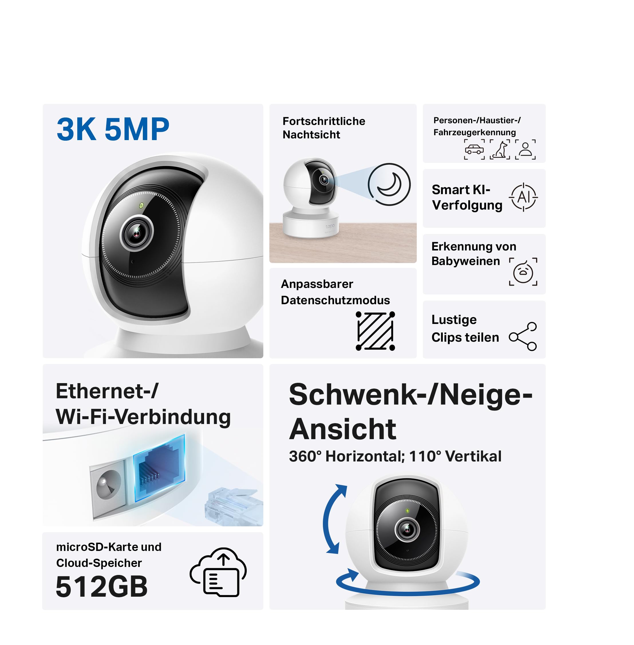 Tapo C232 360° KI-WLAN-Überwachungskamera, Ethernet/WLAN, 3K 5MP, Bewegungsverfolgung, Nachtsicht, Zwei-Wege-Audio, kompatibel mit Alexa und Google Assistant, MicroSD-Karte Bis zu 512 GB 2