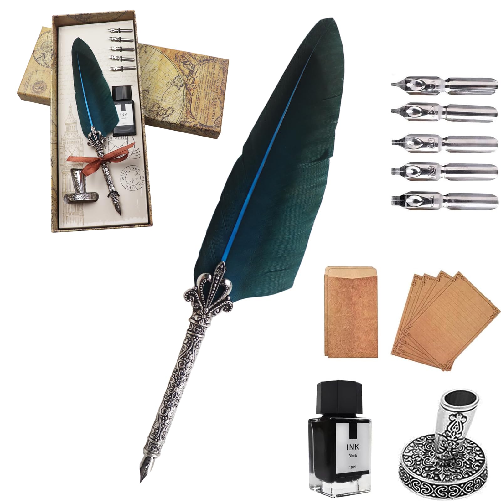 AOMAYLL Feather Pen Ink Set, Vintage Dip Pen, Calligraphy Pen with 5 Nibs and Black Ink, Perfect for Calligraphy Beginners (with Ink)