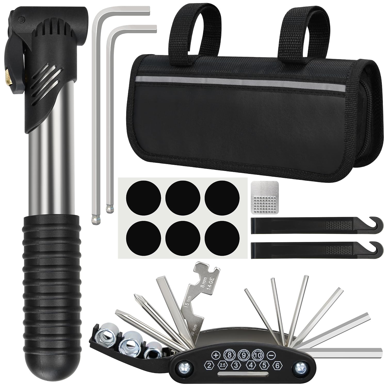 Photo 1 of Bike Repair Kit, Bicycle Repair Bag With Tire Pump, Bike Tool Kit for Camping Cycling, 16-in-1 Bike Multitool, Bicycle Tire Repair Kit, 4mm and 5mm Allen Wrenches, Used for Mountain Bike and Road Bike