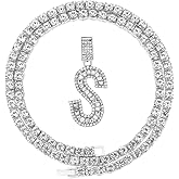 HH Bling Silver Gold Iced Out Baguette Initial Letter Necklaces for Men Women, Big Cz Diamond Capital Letter Pendant A-Z with Rope Tennis Chains
