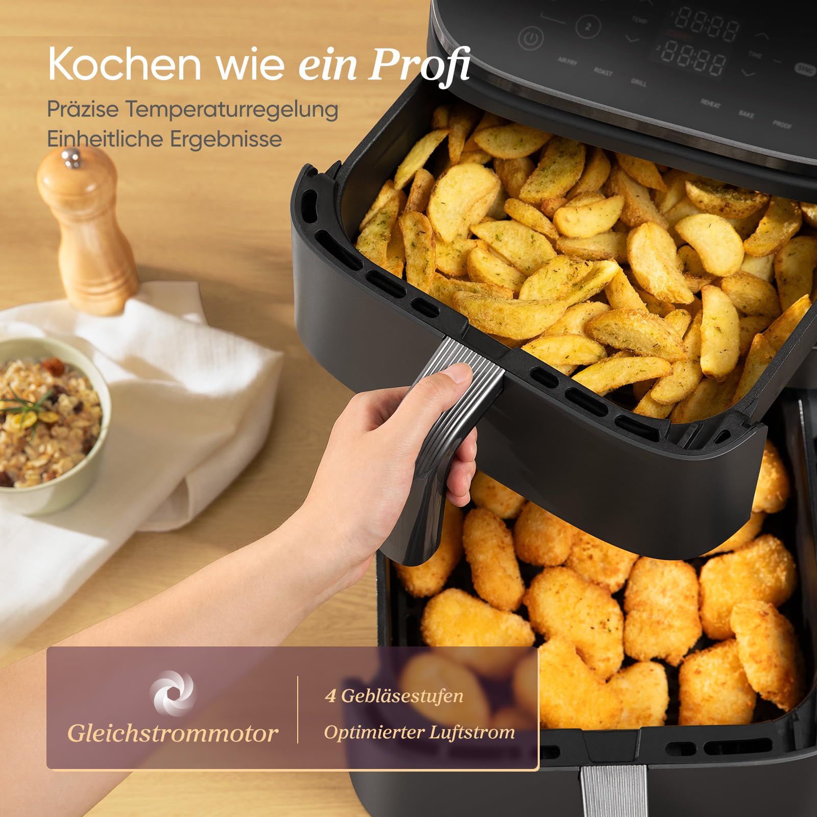 COSORI Airfryer, Heißluftfritteuse 2 Kammern, 10,8 L Heissluftfritteuse, Innovative Mehrfach-Luftgeschwindigkeit, Spart 41 Prozent Platz, Inklusive Rezeptbuch und Edelstahl-Rost, Silbergrau 4