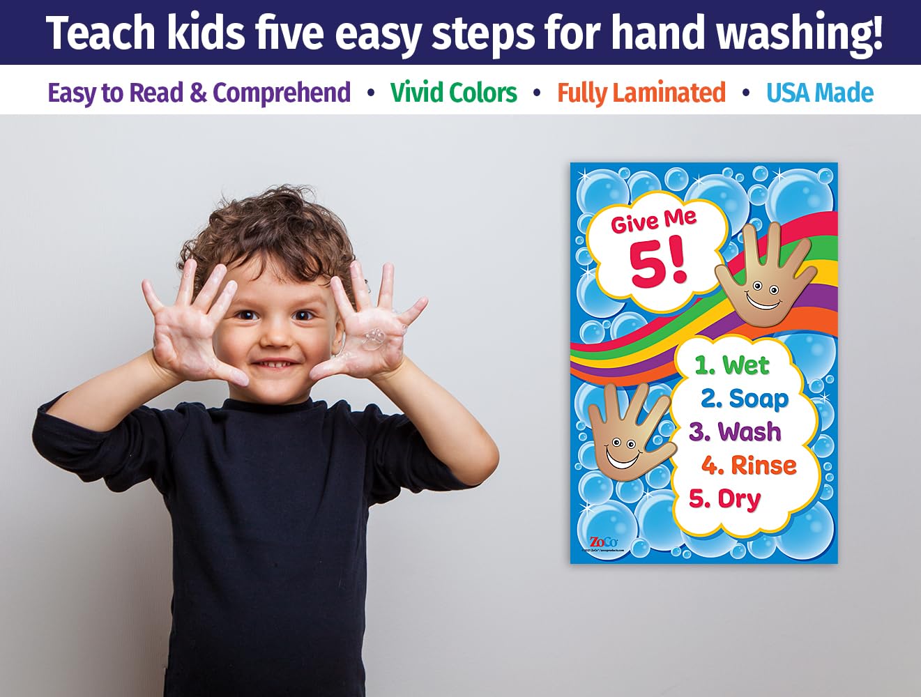 Give Me 5 Handwashing Poster – 12x18” Laminated – Wash Hands Sign for Kids – Preschool, Daycare Bathroom & School Nurse Office Decorations