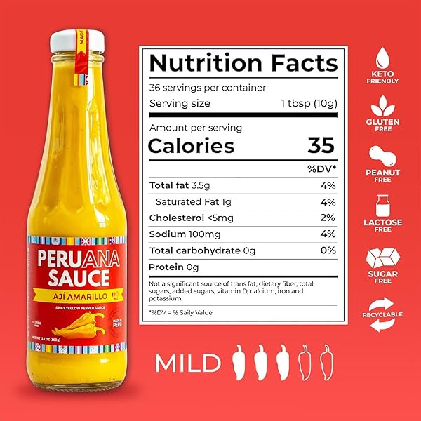 PERUANA SAUCE AJI AMARILLO SAUCE – AUTHENTIC SPICY PERUVIAN YELLOW PEPPER HOT SAUCE – 12.7 OZ GLASS BOTTLE – MADE IN PERU WITH FRESH INGREDIENTS, NO ARTIFICIAL COLORS, GLUTEN FREE, LACTOSE FREE