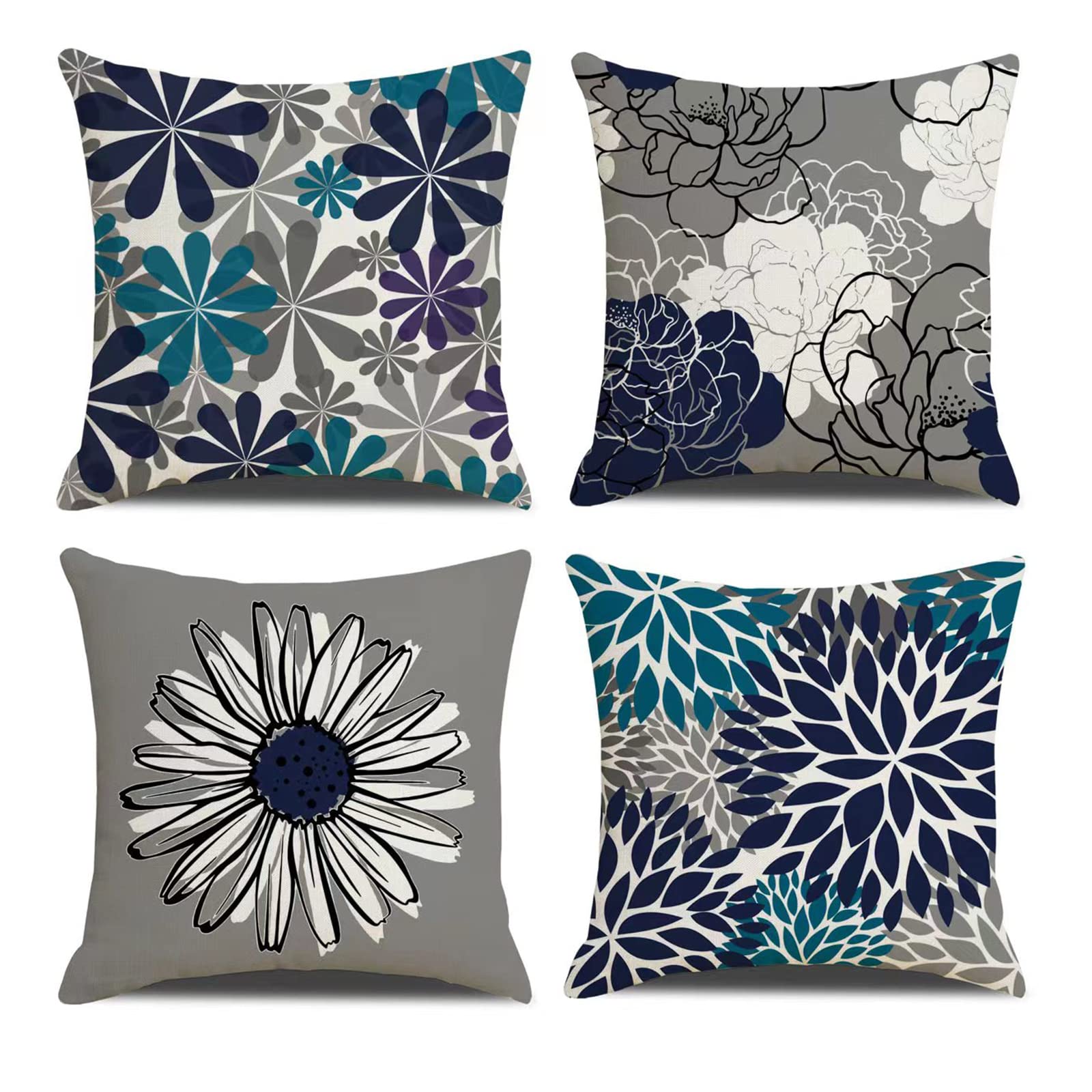 Cushion Covers 45 x 45 set of 4 Floral Decorative Square Pillow Cushion Cover Navy Blue Modern Daisy Pillow Cover Grey Decorative Floral Pillow Cover for Outdoor Home Sofa Bedroom Car Decor