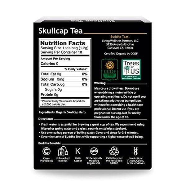 BUDDHA TEAS ORGANIC SKULLCAP TEA – OU KOSHER, USDA ORGANIC, CCOF ORGANIC, 18 BLEACH-FREE TEA BAGS