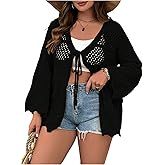 Verdusa Women's Plus Size Cardigan Bow Tie Hollow Out Cardigans Sweaters Sheer Crochet Knit Outwear
