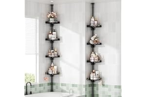 shuang qing 360° Rotating Corner Shower Caddy Tension Pole Organizer - 4-Tier Adjustable Rustproof Metal Pole, Plastic Shelves with Safety Guardrail, Bathroom Storage for Shower & Bathtub(Black)