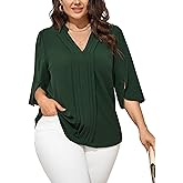 SCOMCHIC Women's Plus Size Blouses 3/4 Sleeve Dressy Tunic Tops Casual Loose V Neck Pleated Shirts