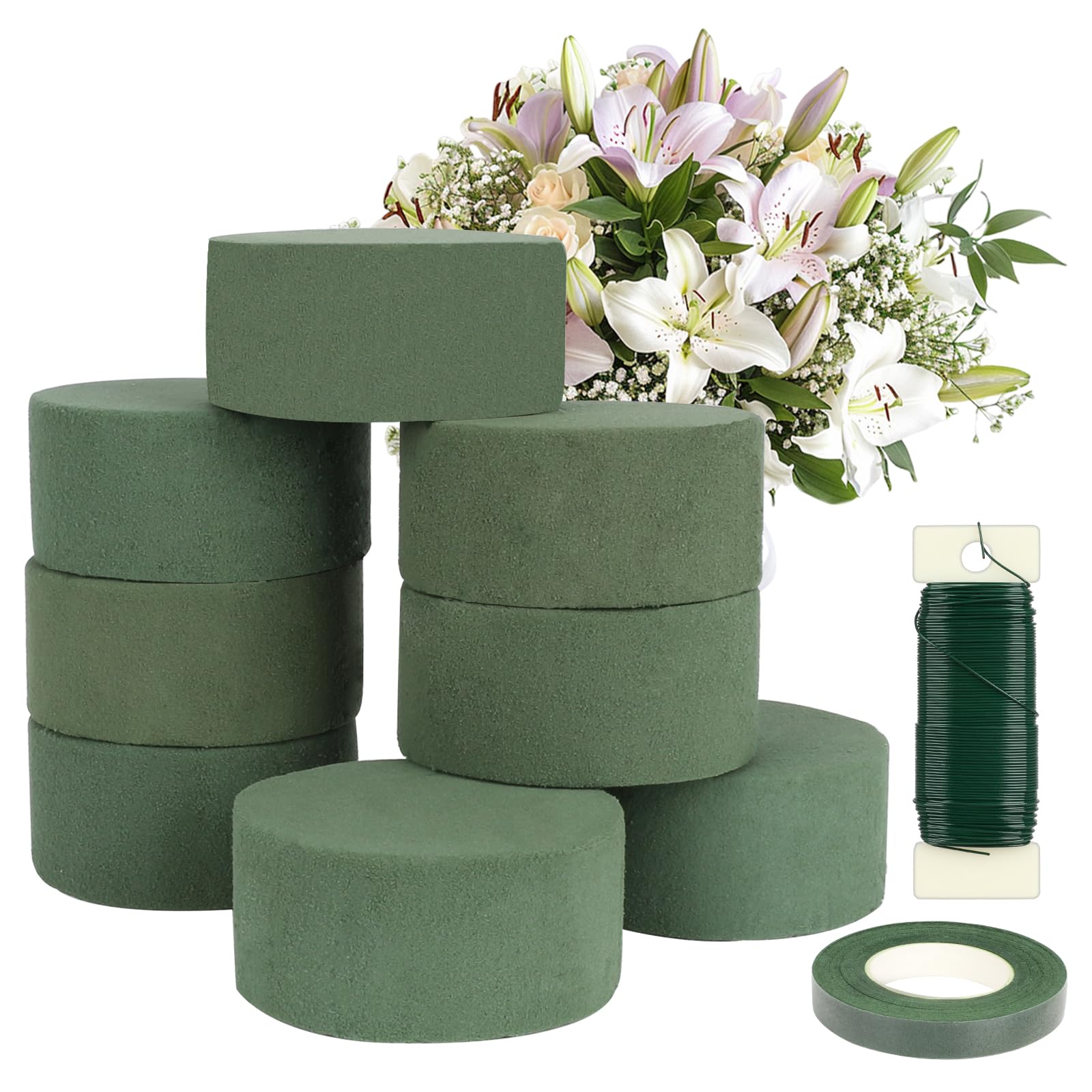 GOTRUST 8pcs Round Floral Foam Block, Cylinder Floral Foam Bricks, Wet Dry Florist Foam Sponge, Artificial Flower Foam Brick with Tape and Wire for DIY Craft Wedding Aisle Flowers Arrangements