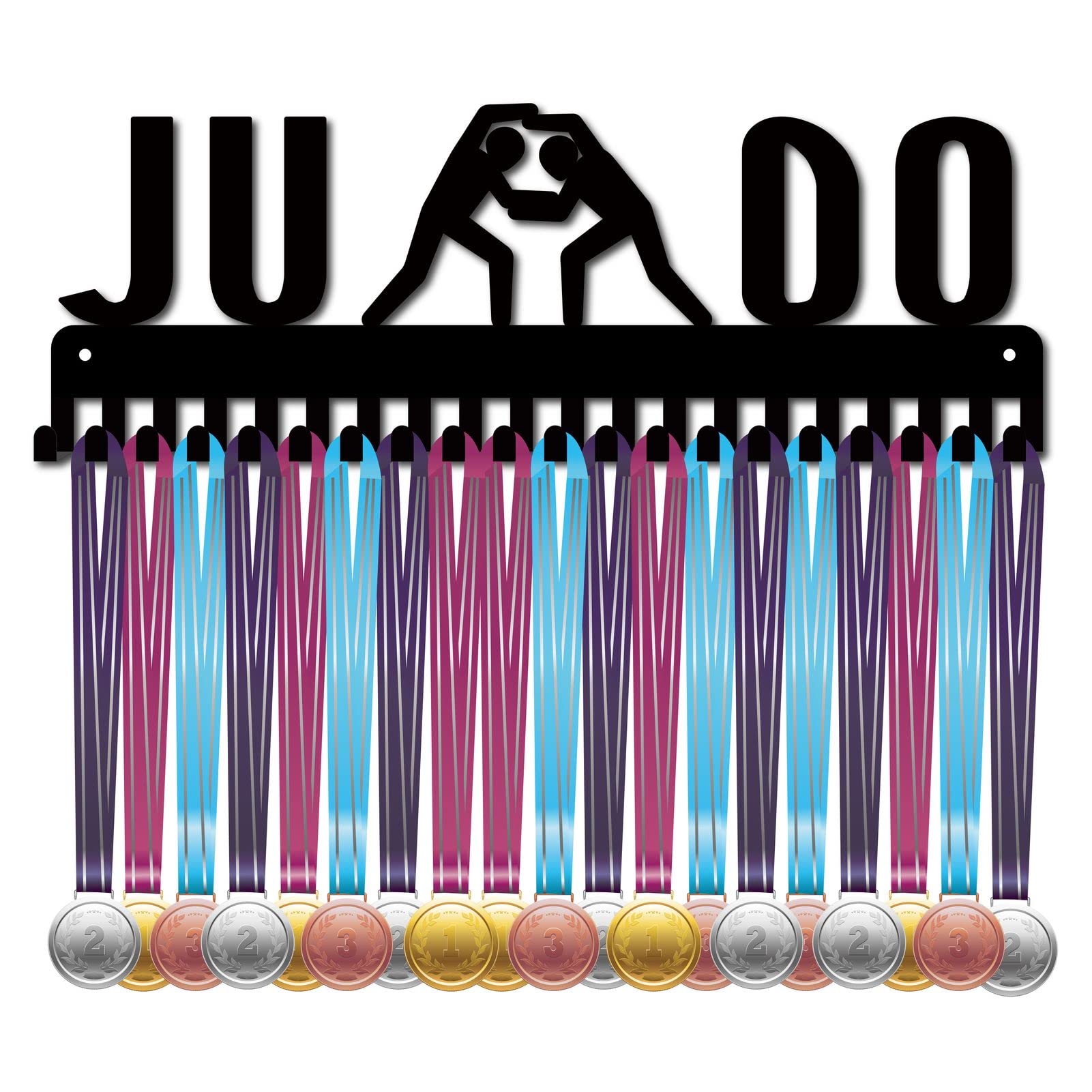 CREATCABIN Judo Medal Holder Display Hanger Rack Sports Metal Wall Mount with 20 Hooks Hang Over 60 Medals Runners Home Badge Running Marathon Gymnastics Black 15.7 x 5.6inch