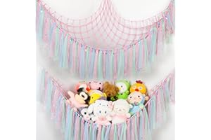 YELIENM Stuffed Animal Hammock with LED Lights - 59 Inch Large Toy Storage Net for Kids Bedroom, Wall-Mounted Plush Organizer with Wooden Rings, Nursery Decor (Handwoven, Pink)