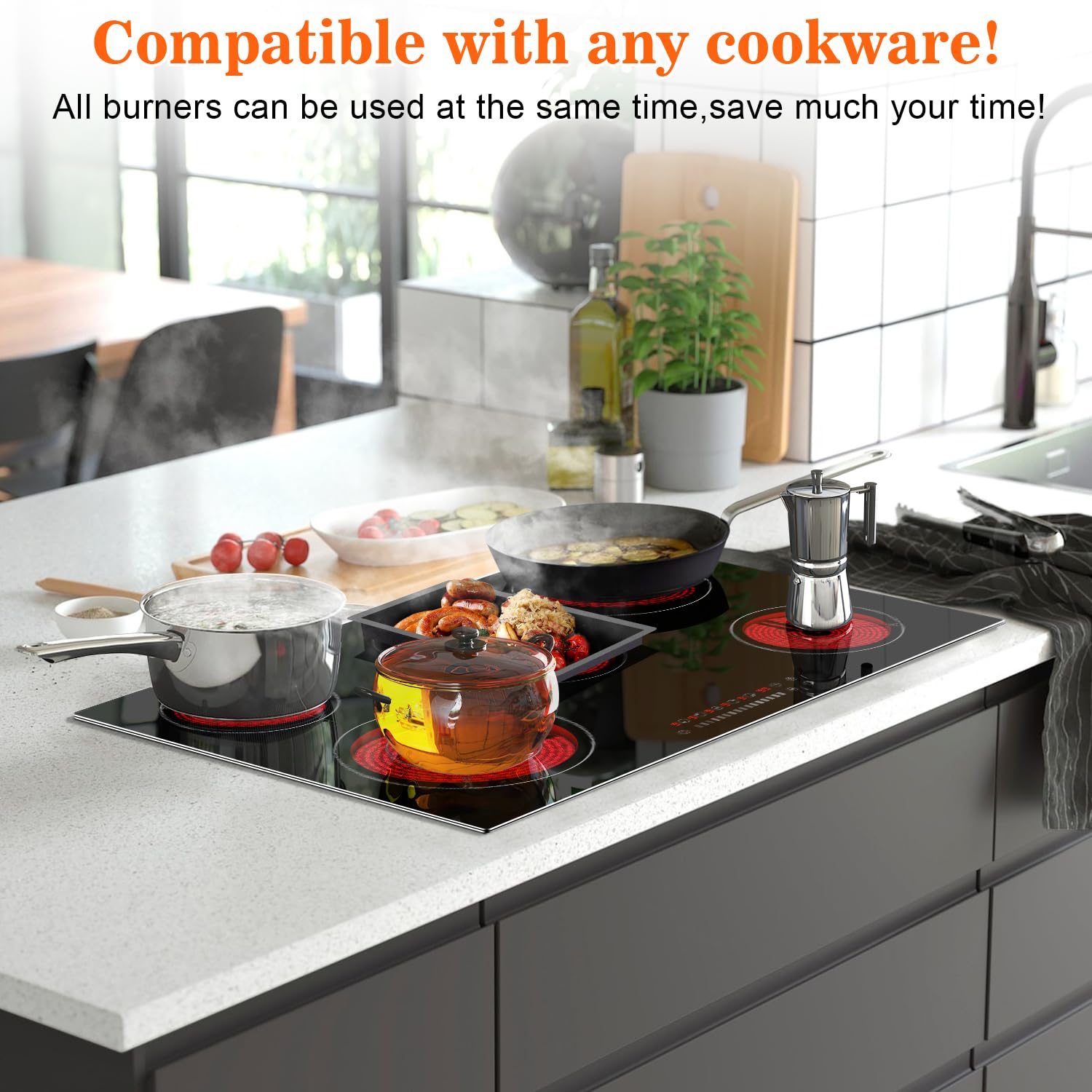 Karinear Electric Cooktop 30 Inch, 8400w 5 Burners Electric Stove Top, Built-in Ceramic Cooktop with Glass Protection Metal Frame, Multifunctional Stove for 220-240v, Hard Wire, No Plug