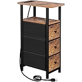 LOAKEKEL Narrow End Table Living Room with Charging Station, Skinny Side Table with Fabric Drawers, Slim Nightstand for Bedro