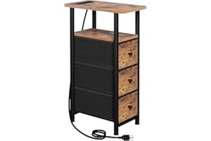 LOAKEKEL Narrow End Table Living Room with Charging Station, Skinny Side Table with Fabric Drawers, Slim Nightstand for Bedro