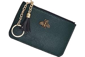 AnnabelZ Women's Coin Purse Change Wallet Pouch Leather Card Holder with Key Chain Tassel Zip (Dark Green)