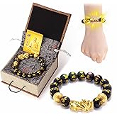 biuufish Feng Shui Bracelet 24K Gold Plated PiXiu, Colored Eyes Obsidian Dragon Protection Bracelet Meditation Decompression Prayer Beads Lucky Wealth Bracelets for Men Women(12mm)