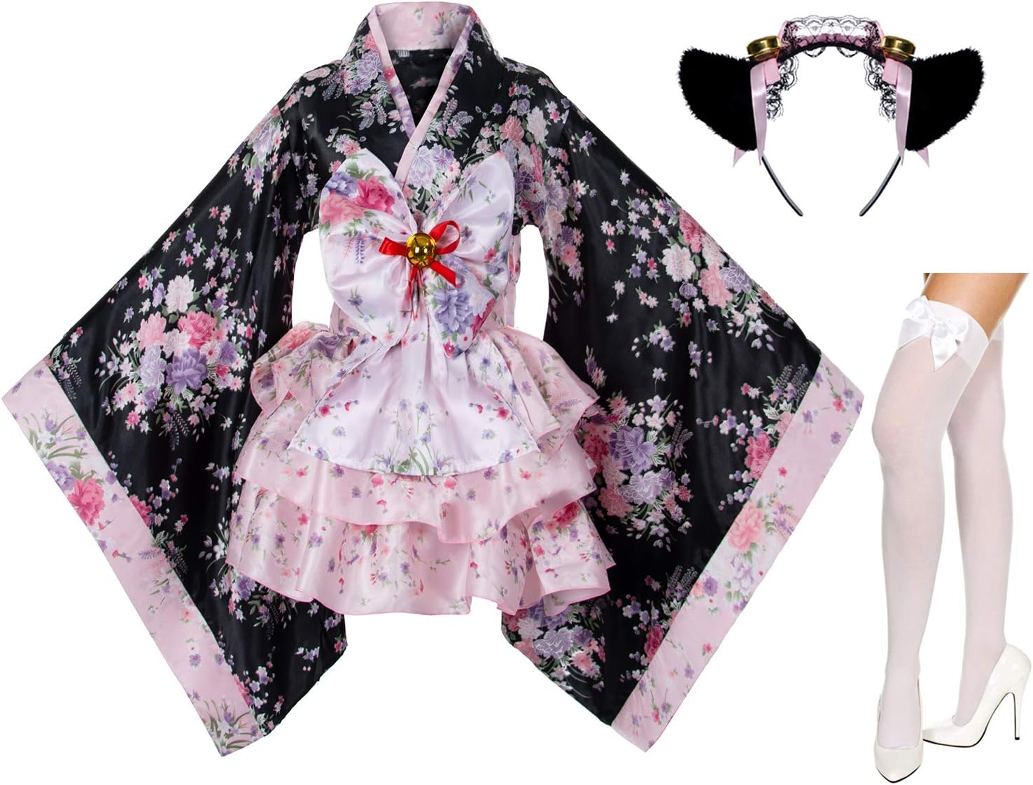 ElibelleJapanese Anime Lolita Cherry Sakura Flower Printing Kimono Costumes Fancy Dress Maid cat Headband Socks Set(DHF001) Pink