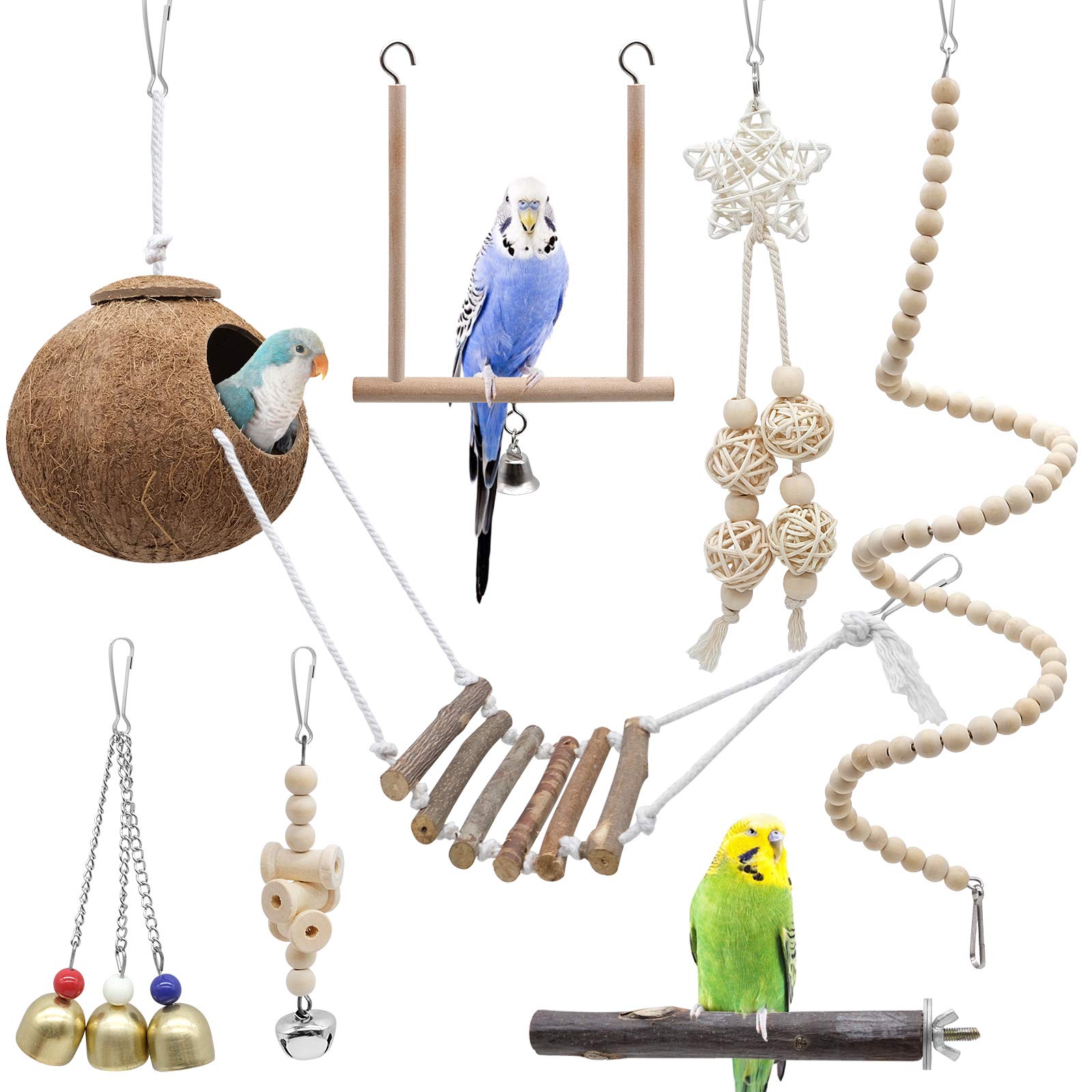 Yue Budgie Toys 7 Pcs, Bird Toys Natural Coconut Bird Cage with Ladder, Hanging Swing Climbing Hammock Rotated Ladder Wooden Chewing Toy Bells, parrot toys for Birds, parrots, Love Birds, Mynah