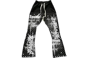 WDIRARA Men's Y2k Graphic Letter Print Stacked Sweatpants Drawstring Bell Bottom Flare Pants with Pockets