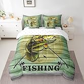Feelyou Full Comforter Set Pike Fish 7 Pieces, All Season Bass Big Fish Bed in a Bag for Bedroom, Fishing and Hunting Rustic Wooden Bedding Set with Comforters, Sheets, Pillowcases & Shams