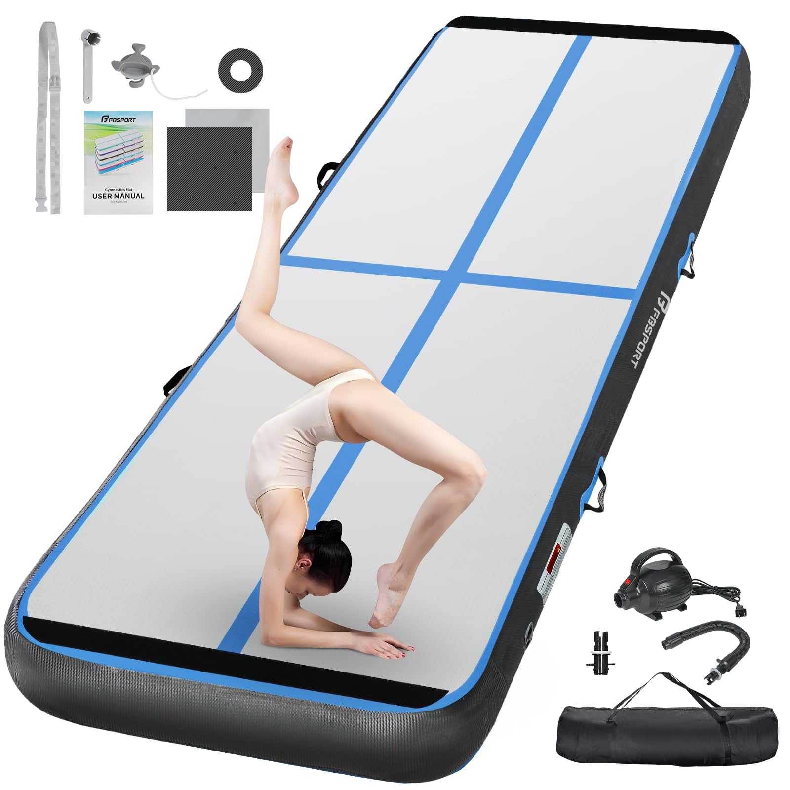 FBSPORT 13.12ft Inflatable Air Gymnastics Mat Training Mats 8 inches Thickness Gymnastics Tracks for Home Use/Training/Cheerleading/Yoga/Water with Pump Image