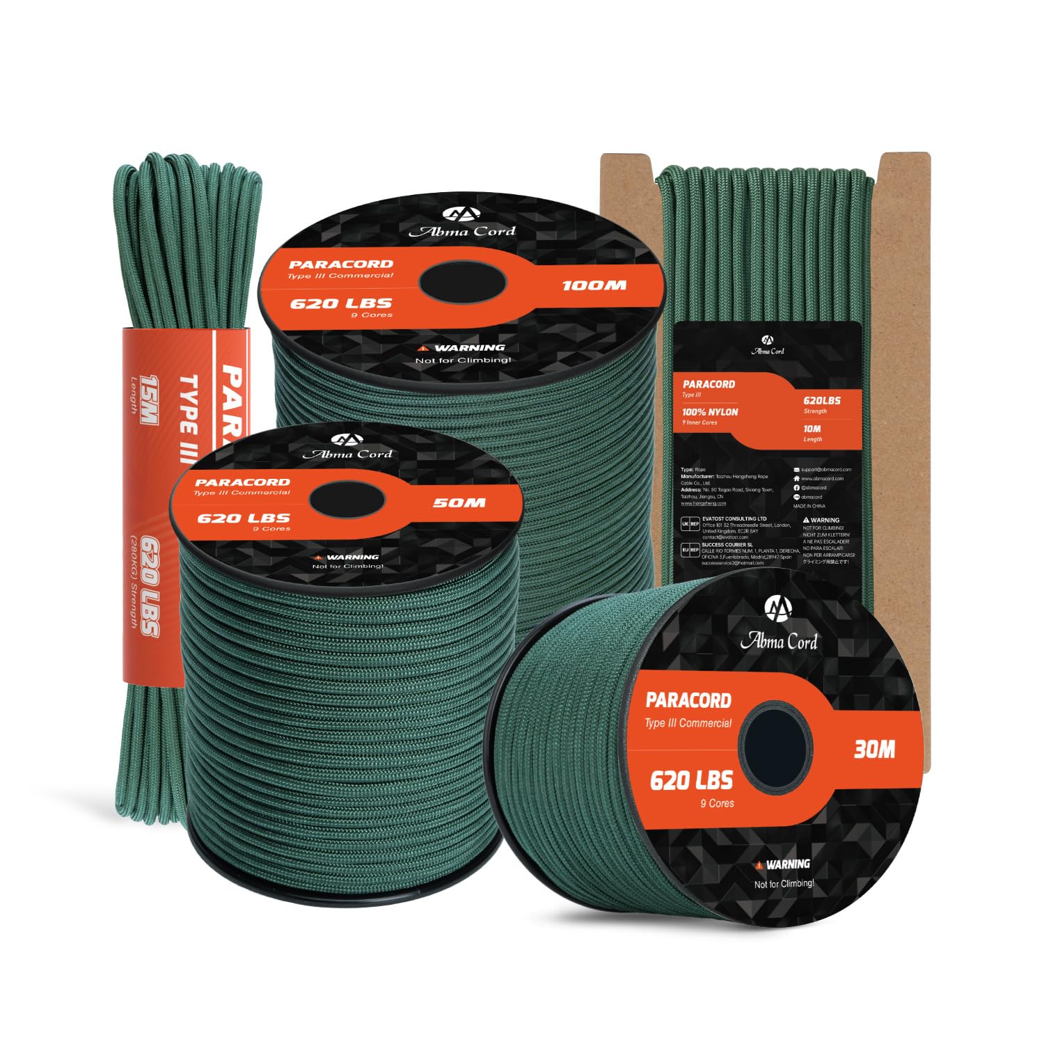 Abma Cord Paracord 4mm 15m 100% Nylon Rope 9 Strands Type III Parachute Cord for DIY, Camping, Survival, Outdoor - Max. 280kg - Dark Green