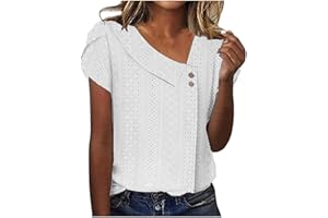 FLOLEO Eyelet Tops for Women Summer Trendy Tops Asymmetric Neck Top Classic Short Sleeve Shirts Blouse 2024 Fashion Clothes