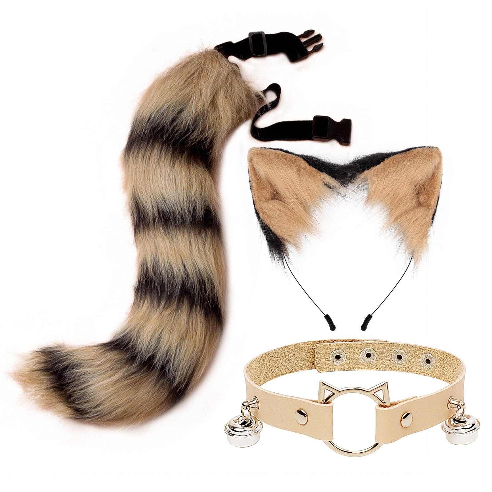 Tail and Ears Set Long Fox Tail Cosplay Faux Fur Furry Fox Wolf Tail Kit with Ears and Bells Collar for Anime Fancy Dress Party Halloween Christmas Dress Up Carnival Role Play