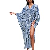 ChiaoLezhee Print Moo-Moos for Women, Kaftan Cover-Up Dresses, Sexy V-Neck High-Slit, Beach Pool-Party Coverups Muumuu Plus