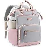 LOVEVOOK Laptop Backpack for Women with Giant Tumbler Holder,15.6 inch Professional Nurse Teacher Backpack Computer Laptop Bag,Cute Waterproof Travel Backpack Purse Work College Bag, Grey-Pink