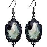 Agriajun Halloween Gothic Black Frame Ghost Cat Bat Witch Pumpkin Church Cameo Dangle Earrings for Women, Punk Goth Pendant Hook Earings Vintage Accessories Jewelry Gift