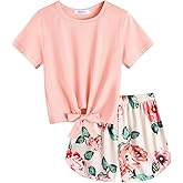 Arshiner Girls 2 Piece Outfits Summer Clothes Short Sleeve Tops and Paperbag Waist Shorts Set Cute Outfits 5-14