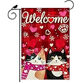 ZAEW Welcome Valentine’s Day Garden Flag Romantic Love Heart Couple Cats Paw Yard Flag 12x18 Inch Double Sided Small Mini Yard Outdoor Outside Holiday Decoration