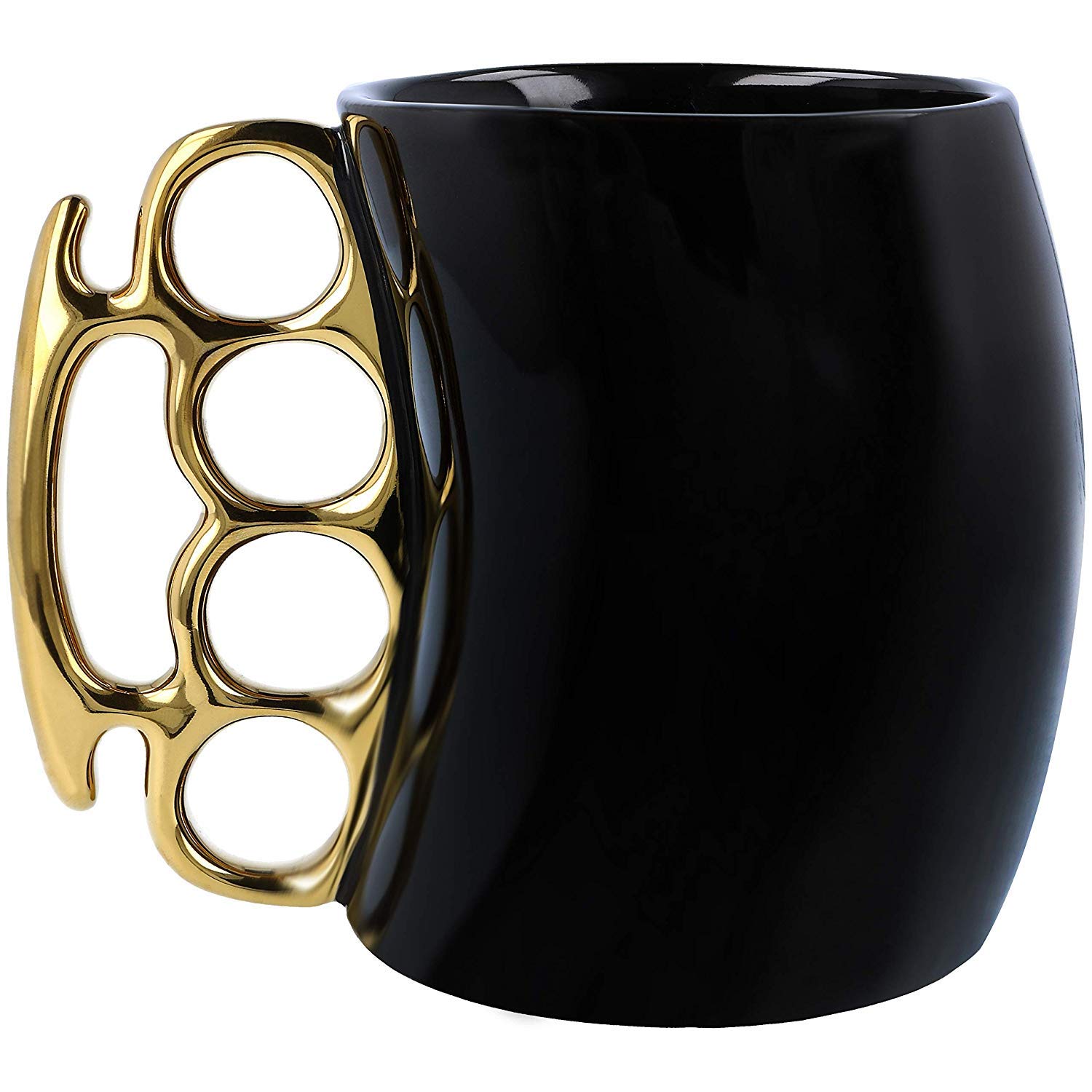 Knuckle Duster Ceramic Cup, Funny & Friends Mug - White & Black (Black Cup with Gold Handle)