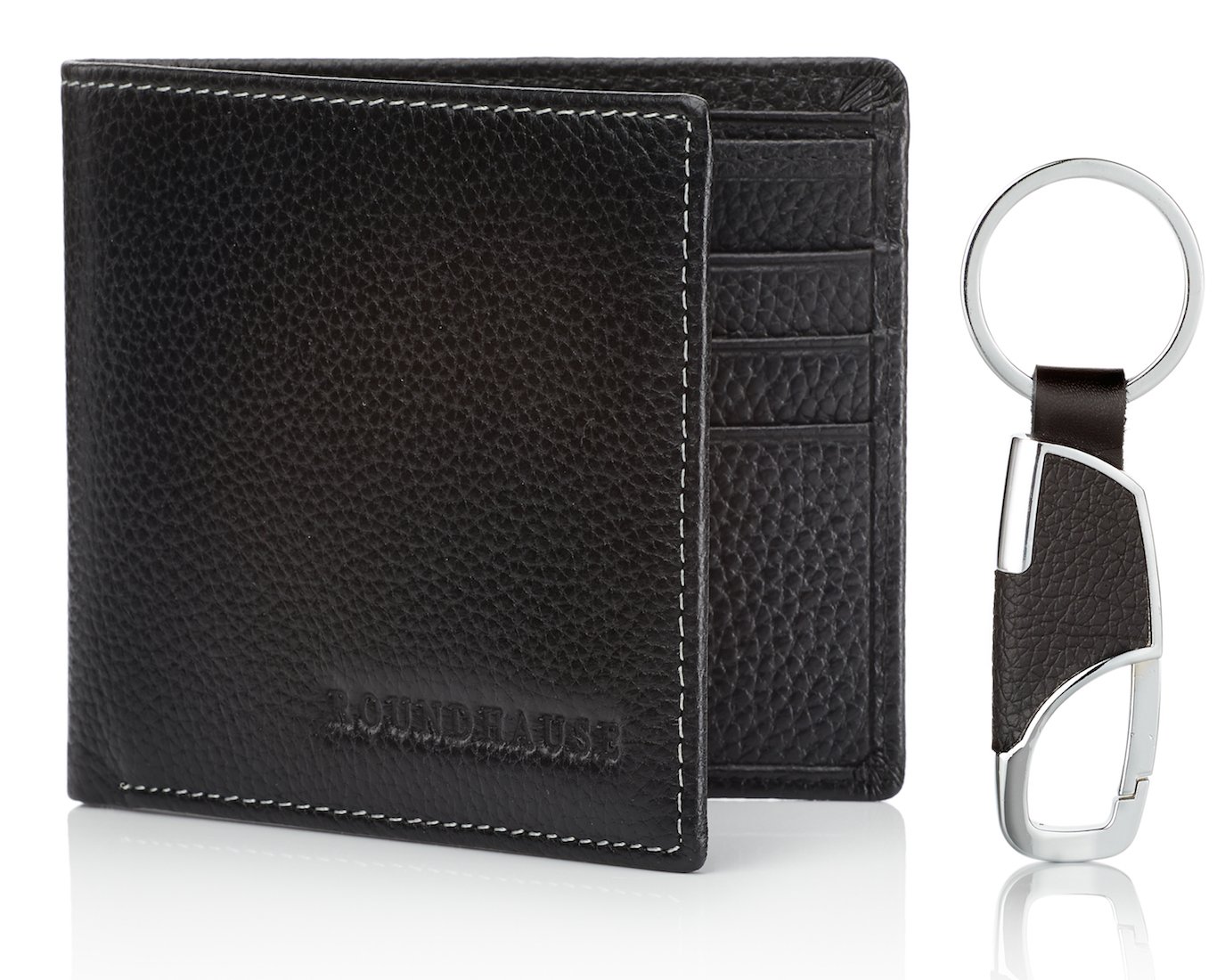 Roundhause Black Designer Slim Bi fold Mens Wallet Real Leather Credit Card Holder Organiser Paper Money Purse and Leather Key Holder Gift Box Set (Black) Present For Gents